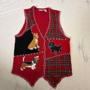 Vintage Maggie Lawrence Dog‎ Patchwork Sweater Vest Womens XL Red Plaid